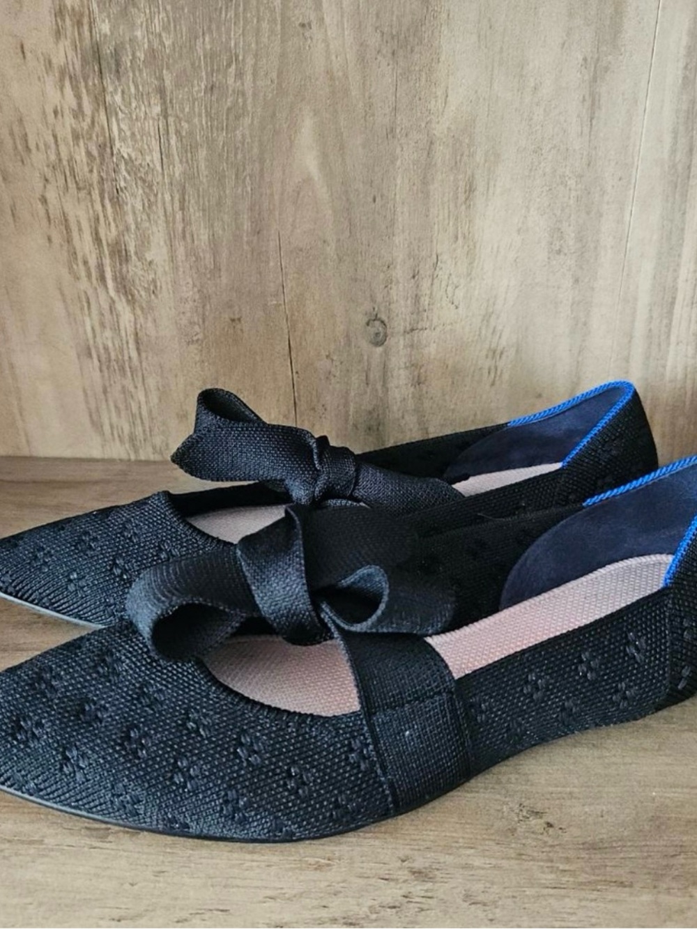 Rothy's Black Knit Pointed-Toe Ballet Flats with Bow “RARE”